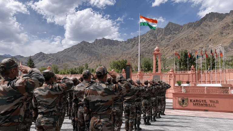 A veteran walking a mountain trail in the Kargil sector